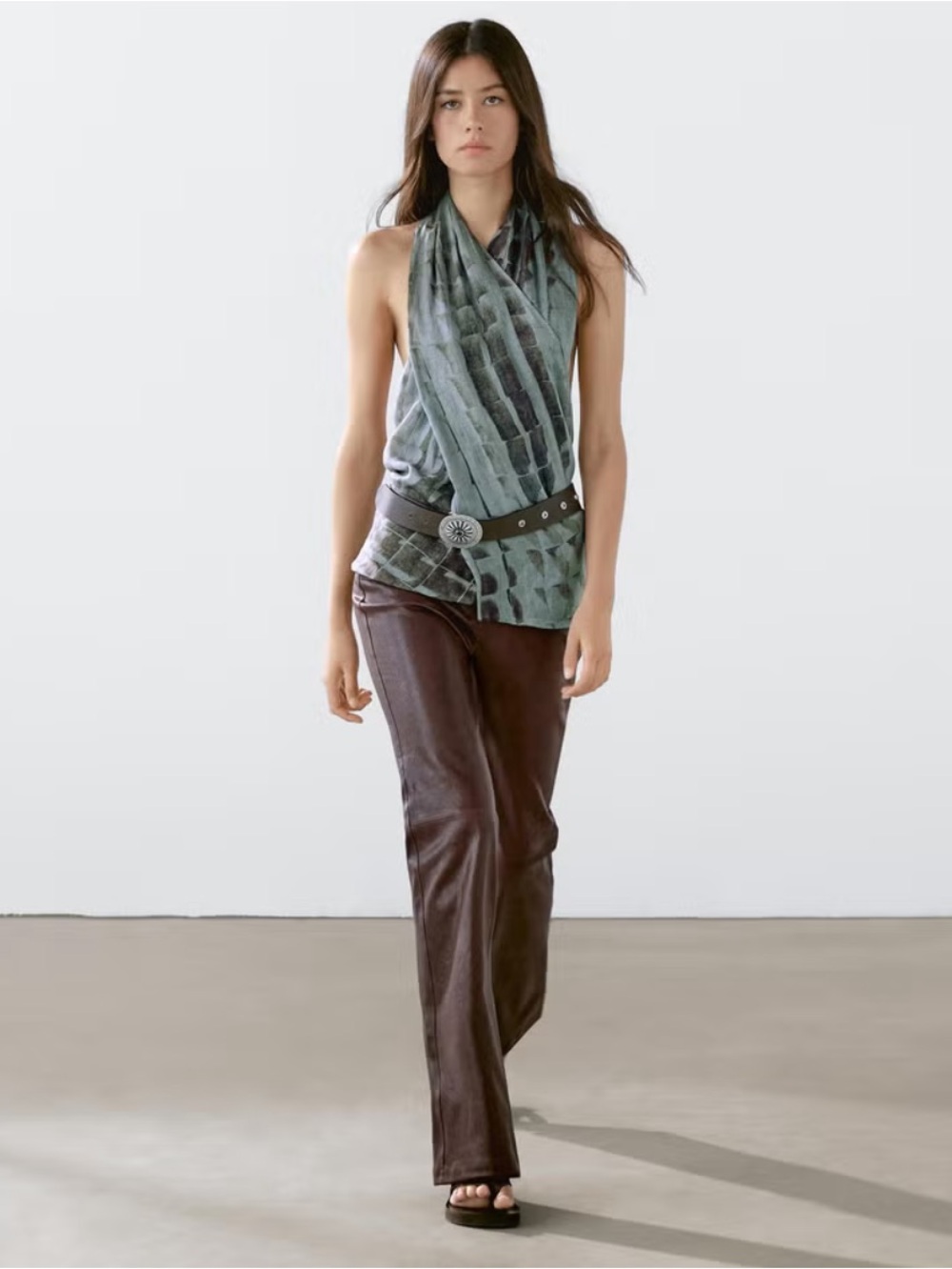 Massimo Dutti Teal Patterned Draped Halter Top